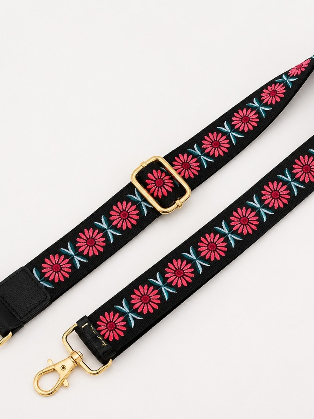Adjustable Embroidered Floral Purse Strap – Black with Pink Daisy Design & Gold